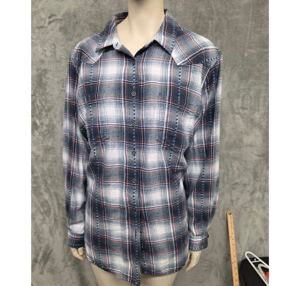 Ariat REAL Relaxed Plaid Button Down Western Shirt Navy Pink XXL